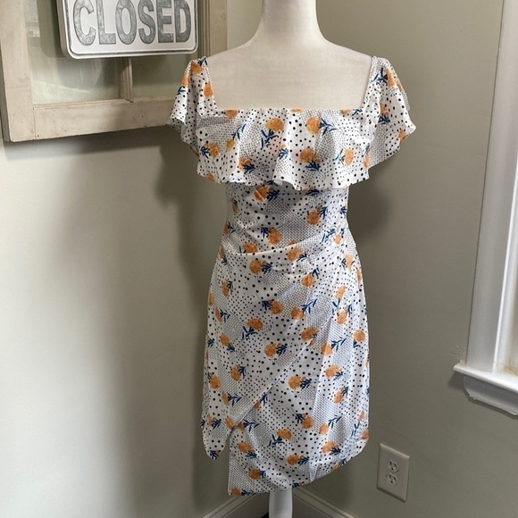 By Egreis Off The Shoulder Floral Polka Dot Dress Yellow White NWT - Picture 1 of 13
